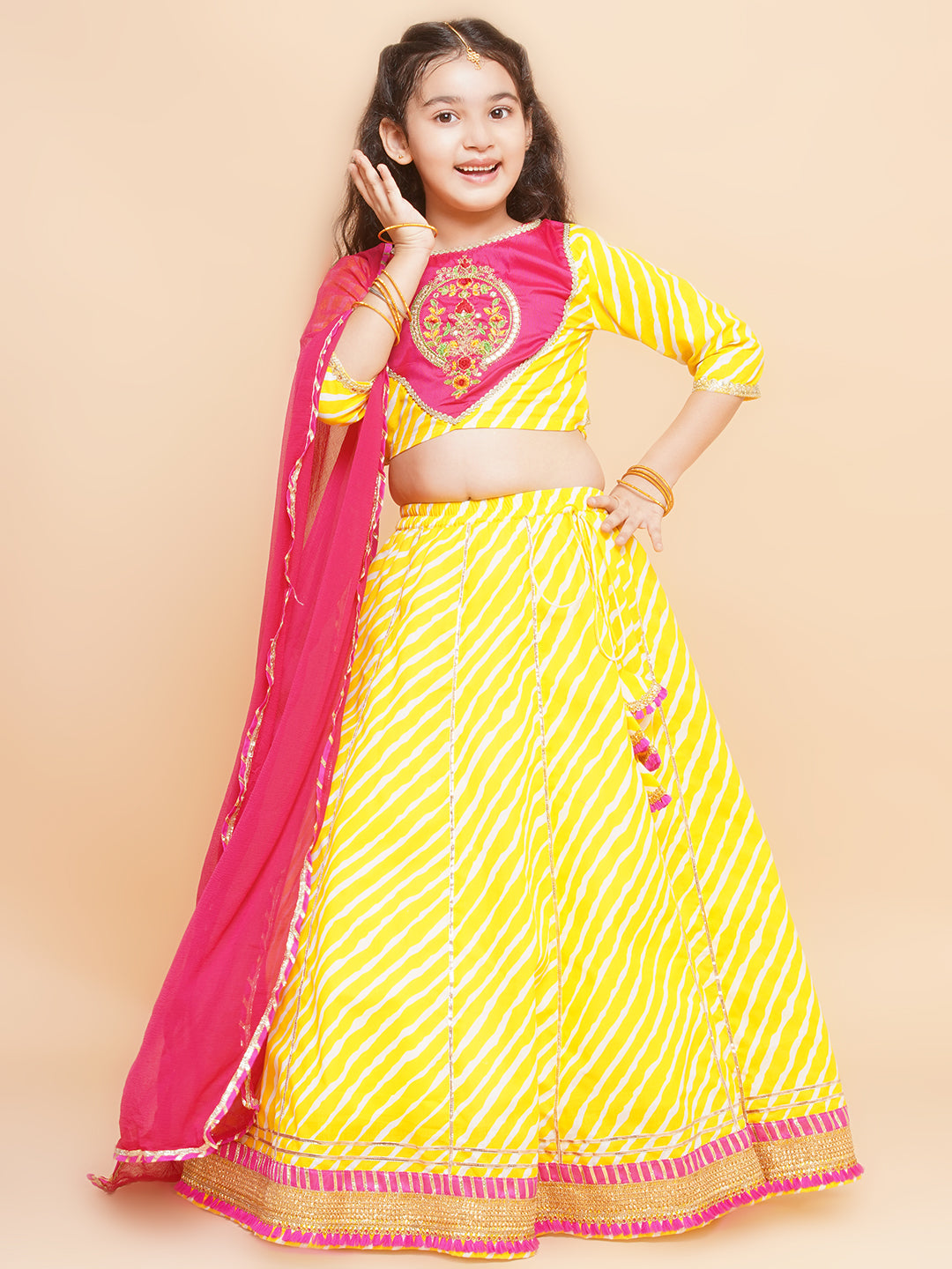 Girls Yellow Leheriya Printed Lehenga & Pink Embroidered Choli Dress with Dupatta