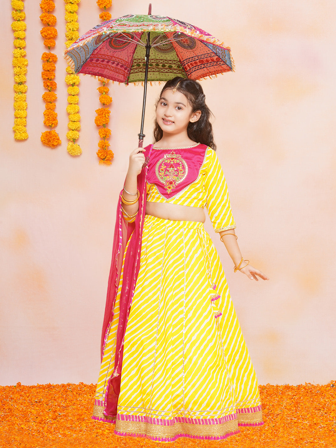 Girls Yellow Leheriya Printed Lehenga & Pink Embroidered Choli Dress with Dupatta
