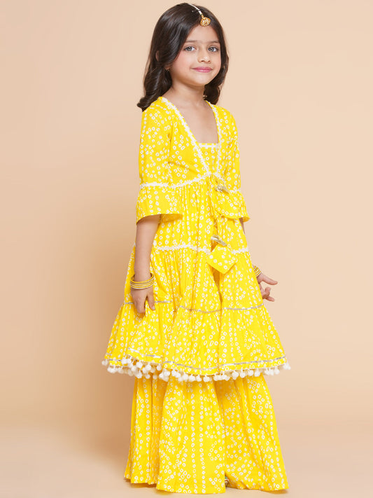 Girls Yellow Bandhani Printed Ethnic Gotta Patti Kurta With Sharara
