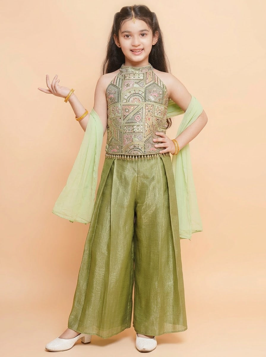 Girls green embroidered halter top with olive palazzo pants and mint dupatta