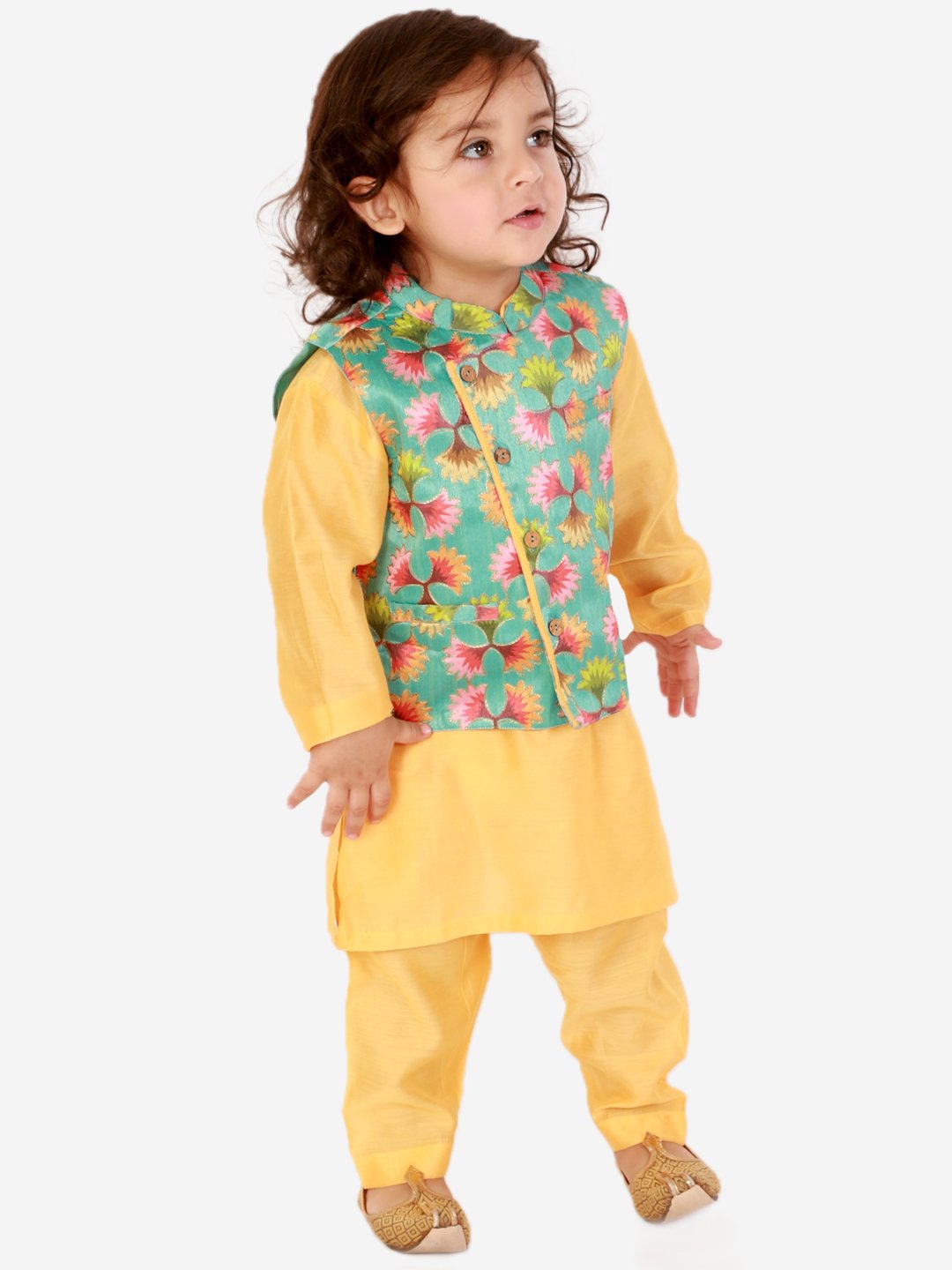 Purple Prunes Festive Floral Jacket with Silk Kurta with yellow Pajama for Boys