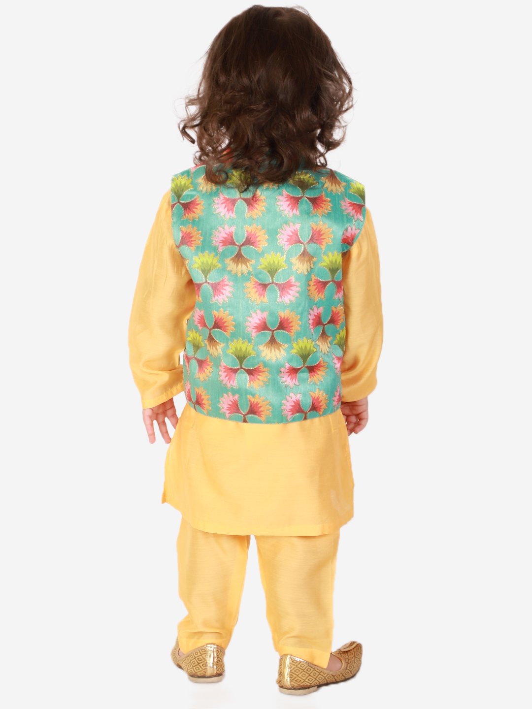 Purple Prunes Festive Floral Jacket with Silk Kurta with yellow Pajama for Boys
