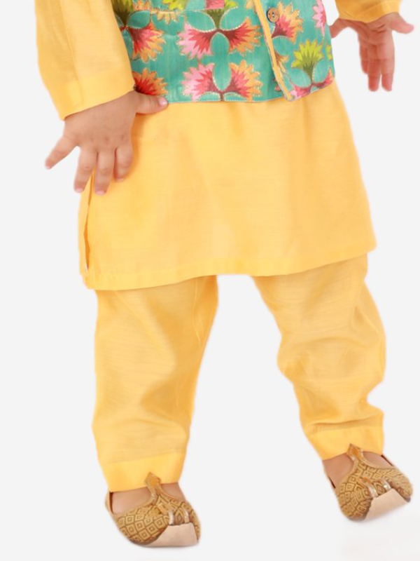 Purple Prunes Festive Floral Jacket with Silk Kurta with yellow Pajama for Boys