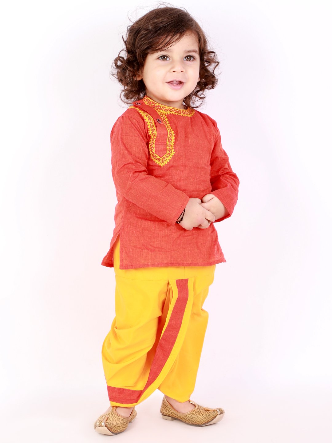 Purple Prunes Orange Embroidered Round Neck Dhoti Kurta for Boys