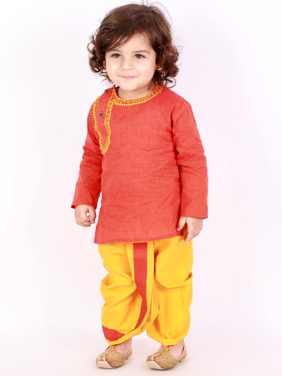 Purple Prunes Orange Embroidered Round Neck Dhoti Kurta for Boys