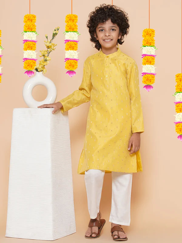 Purple Prunes Boys Yellow Ethnic Design Kurta with Pajamas dress