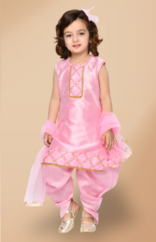 Girls Baby Pink Dhoti Kurta With Embroidery Dupatta