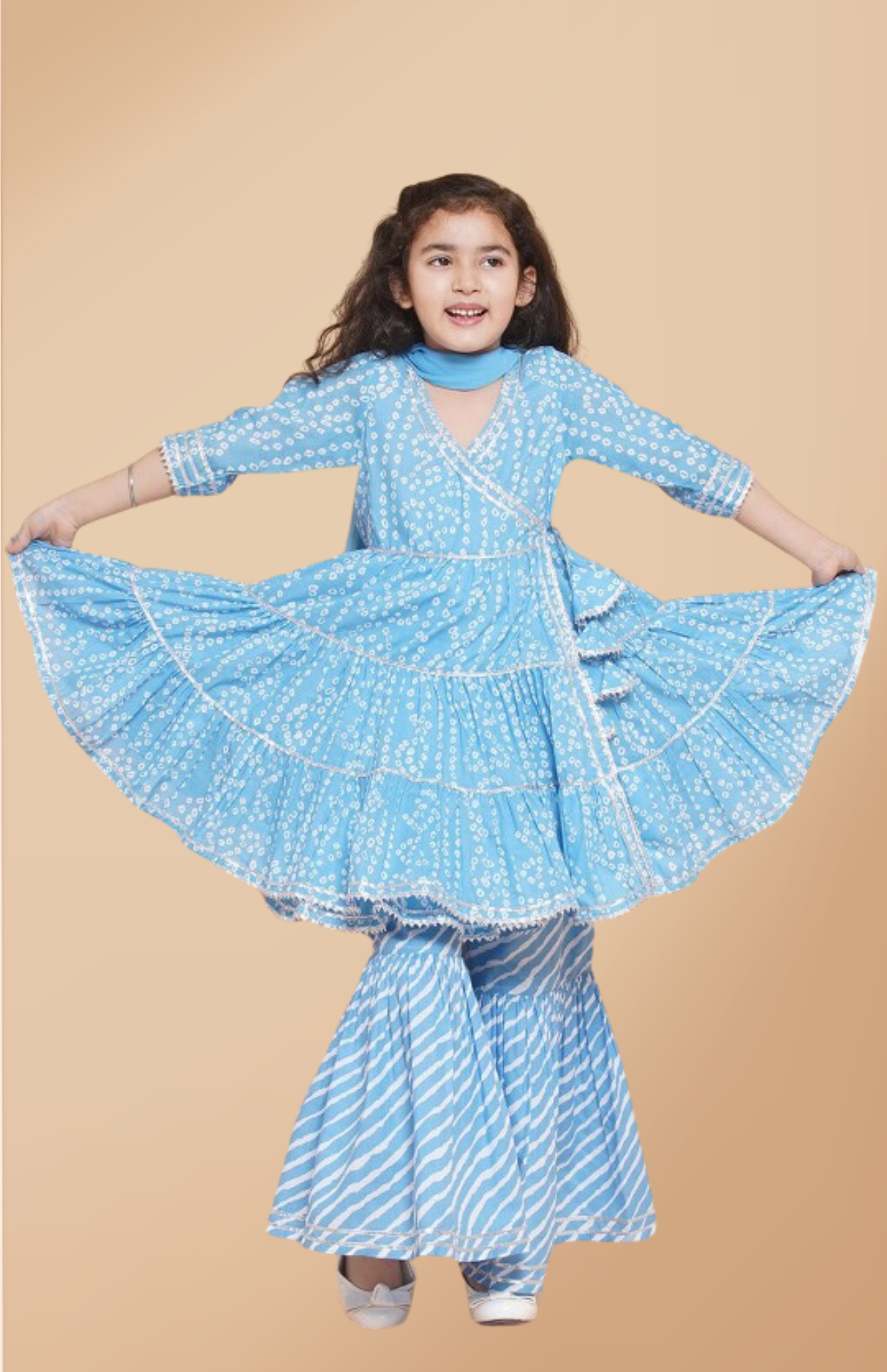 Girls Blue Bandhani Printed Ethnic Gotta Patti Kurta With Sharara Dress