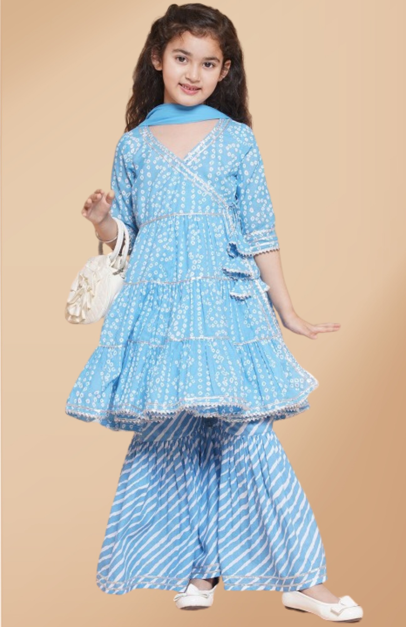Girls Blue Bandhani Printed Ethnic Gotta Patti Kurta With Sharara Dress