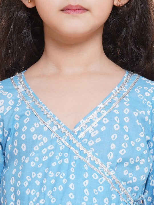 Girls Blue Bandhani Printed Ethnic Gotta Patti Kurta With Sharara Dress