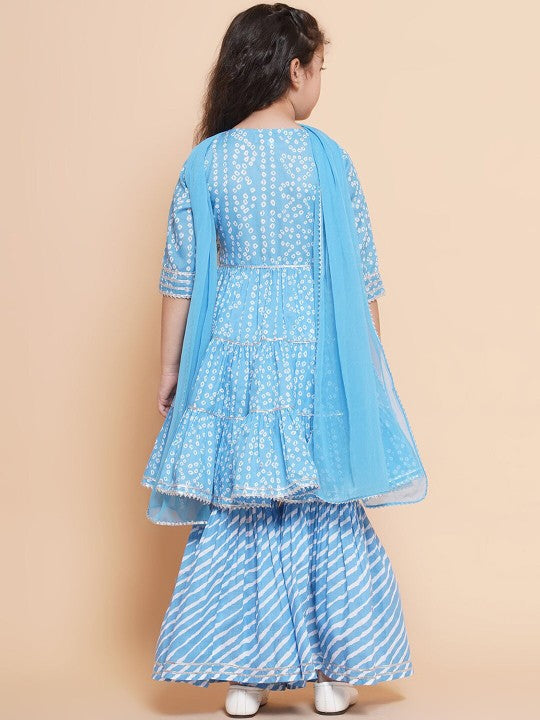 Girls Blue Bandhani Printed Ethnic Gotta Patti Kurta With Sharara Dress