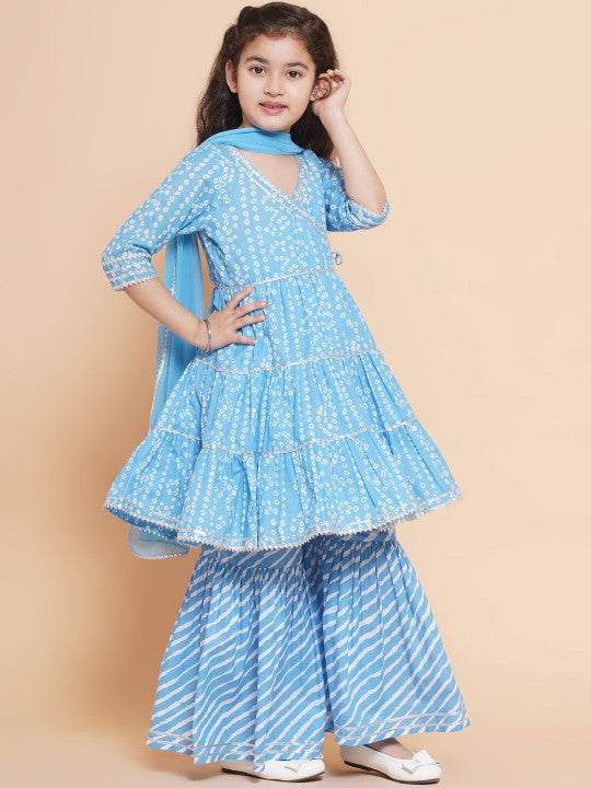 Girls Blue Bandhani Printed Ethnic Gotta Patti Kurta With Sharara Dress