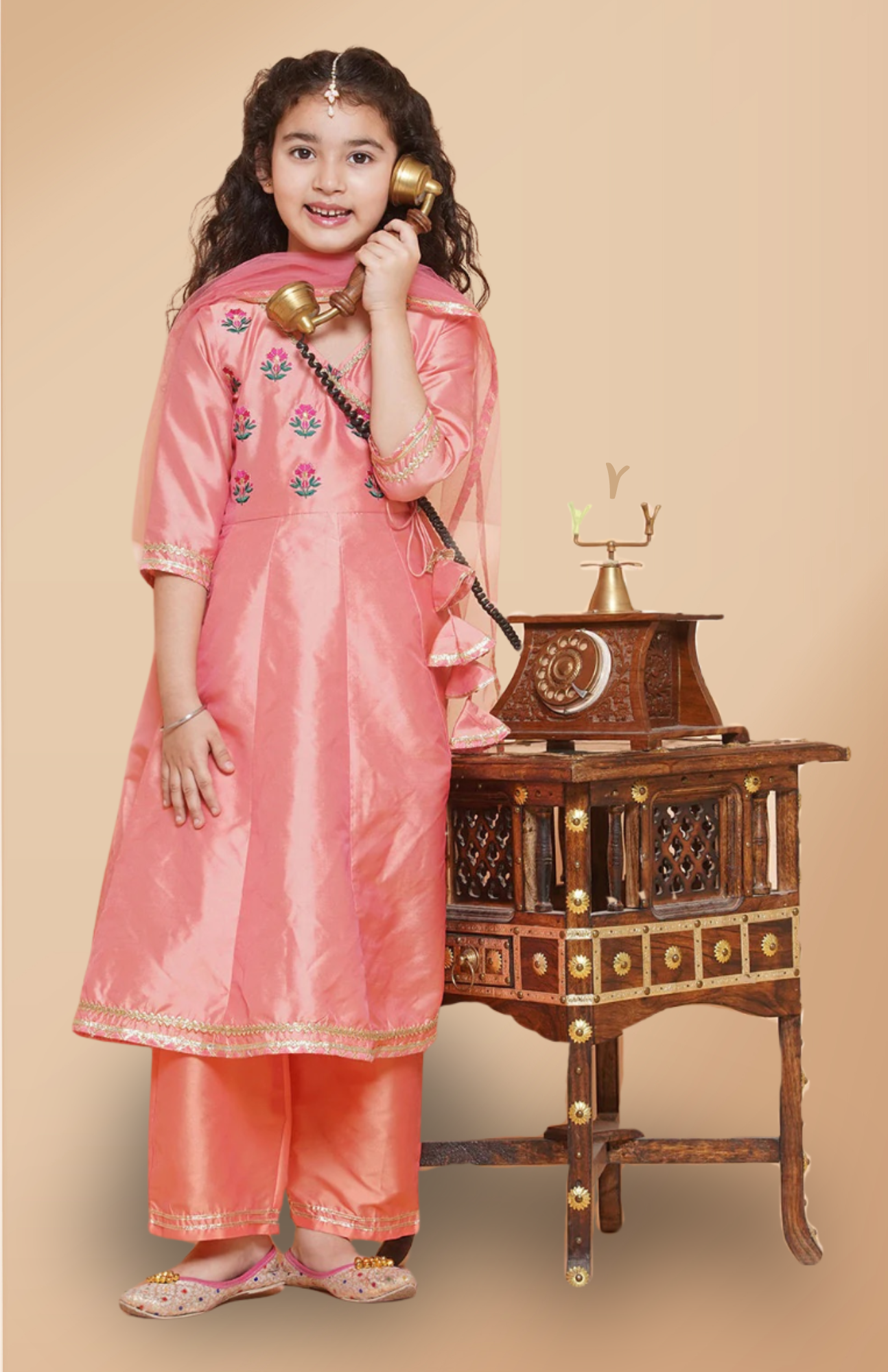 Girls Cute Peach Embroidered Kurta Pajama & Dupatta ethnic wear
