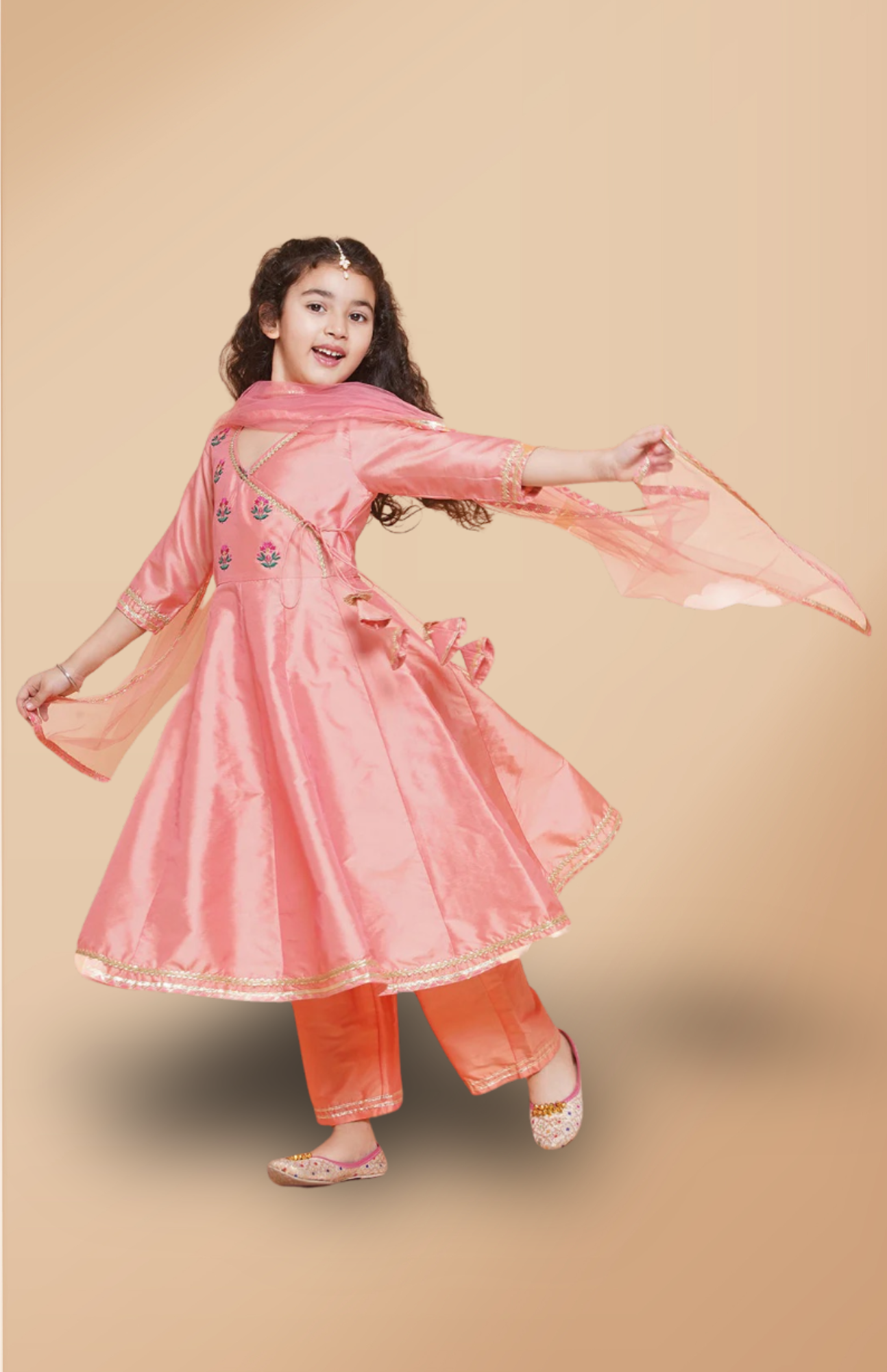 Girls Cute Peach Embroidered Kurta Pajama & Dupatta ethnic wear