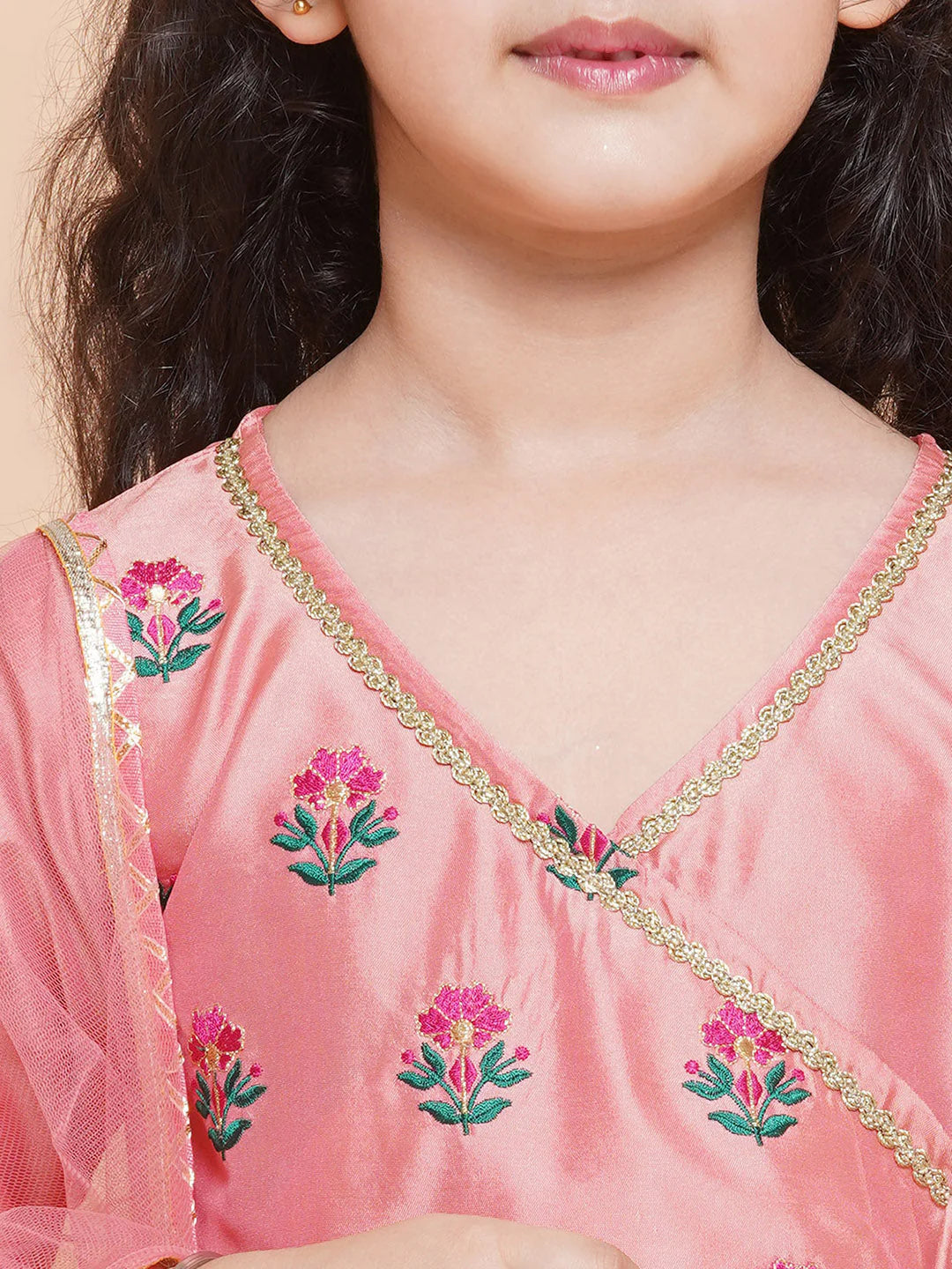 Girls Cute Peach Embroidered Kurta Pajama & Dupatta ethnic wear