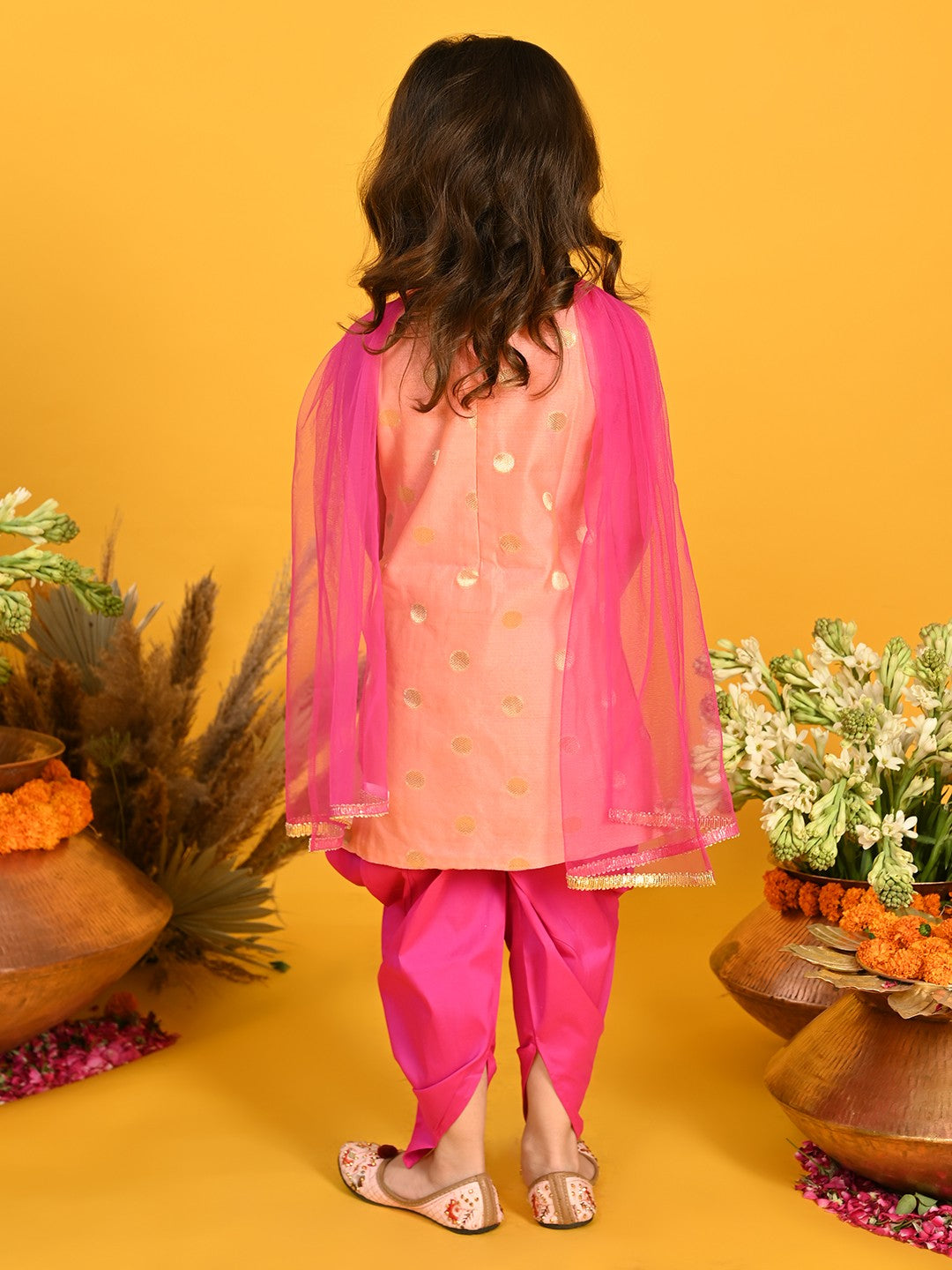 Girls Cute little Peach & Magenta Festive Dhoti Kurta Dress