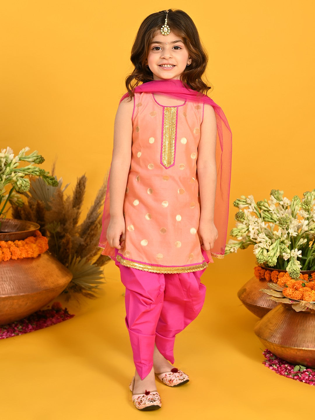 Girls Cute little Peach & Magenta Festive Dhoti Kurta Dress