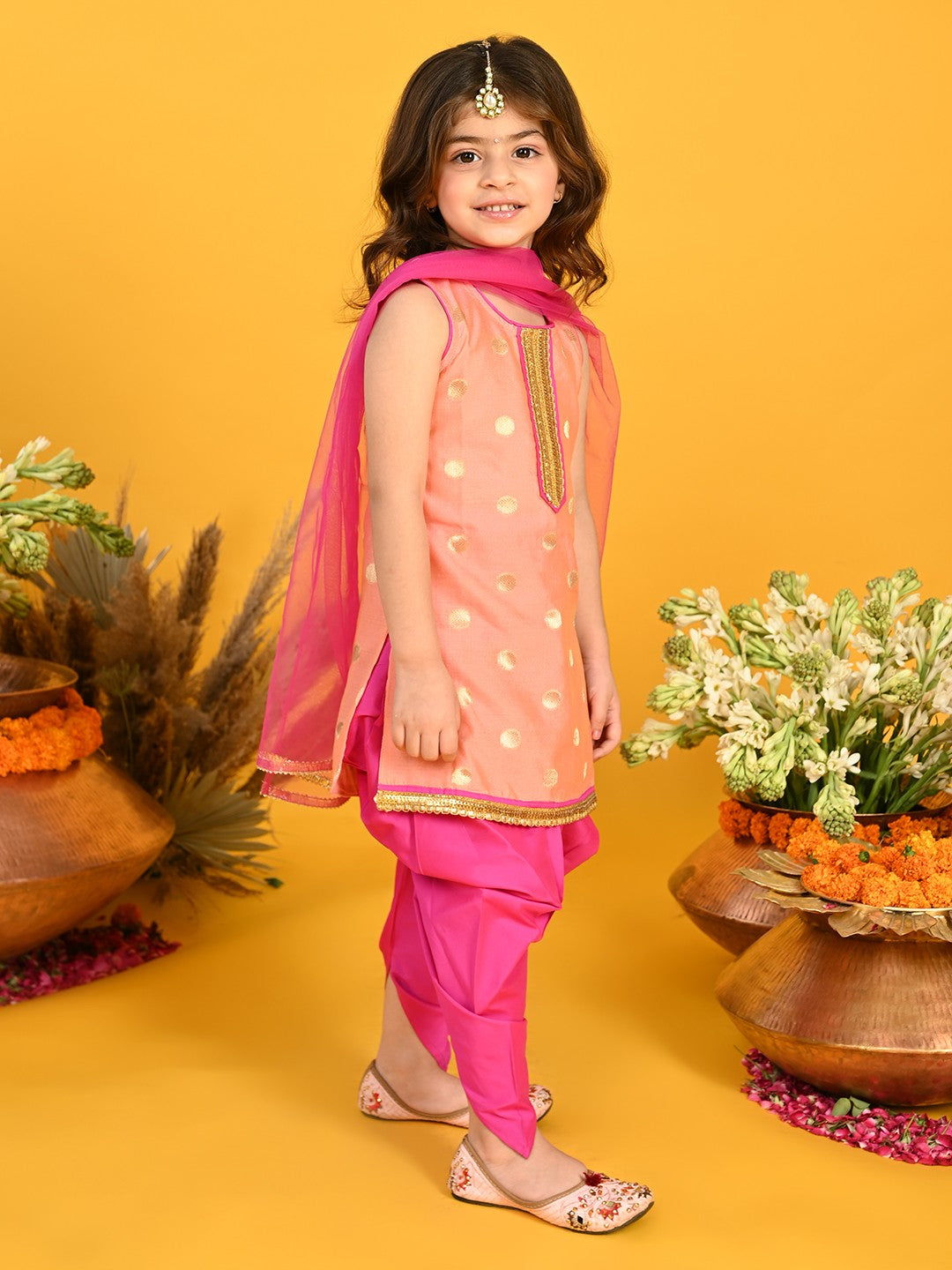 Girls Cute little Peach & Magenta Festive Dhoti Kurta Dress