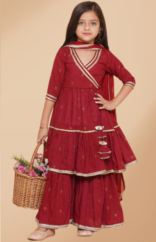 Girls Maroon Ethnic Traditional Angrakha Gotta Patti Kurta Sharara & Dupatta Dress