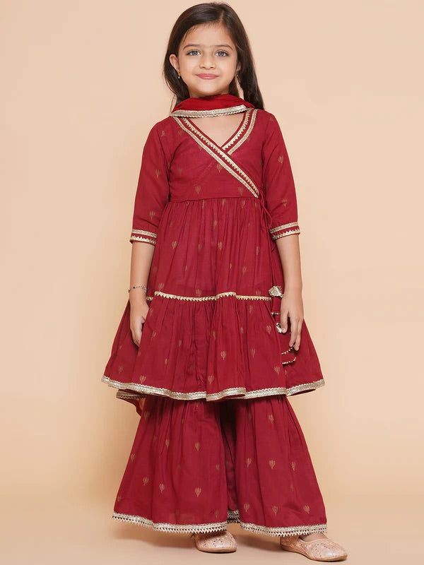 Girls Maroon Ethnic Traditional Angrakha Gotta Patti Kurta Sharara & Dupatta Dress