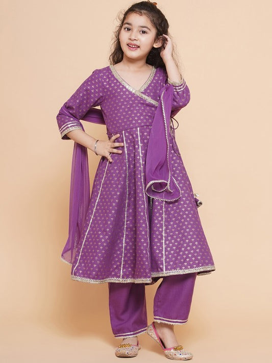 Girls Purple Ethnic Foil Printed Angrakha Kurta with Trouser & Dupatta