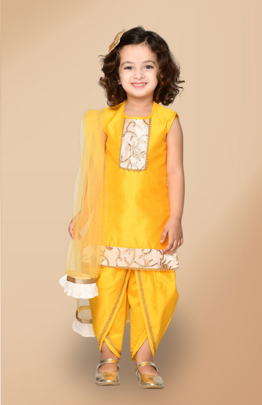 Girls Yellow Ethnic Motifs Regular Kurta with Dhoti Pants & With Dupatta Dress