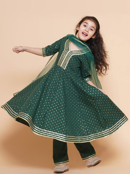 Girls Green Anarkali Gotta Patti Kurta & Trousers set With Dupatta