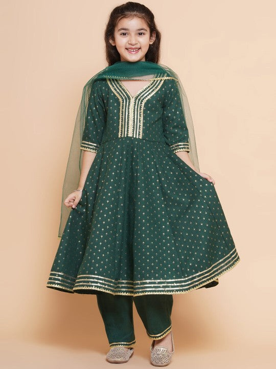 Girls Green Anarkali Gotta Patti Kurta & Trousers set With Dupatta