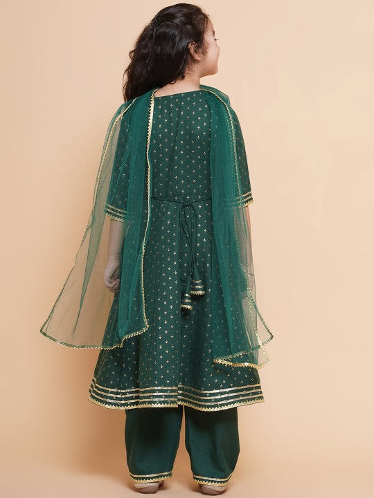 Girls Green Anarkali Gotta Patti Kurta & Trousers set With Dupatta