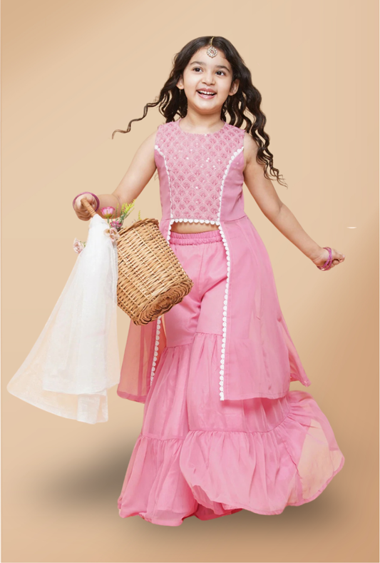 Pink Fancy Poly Georgette Straight Kurta With Sharara Dress
