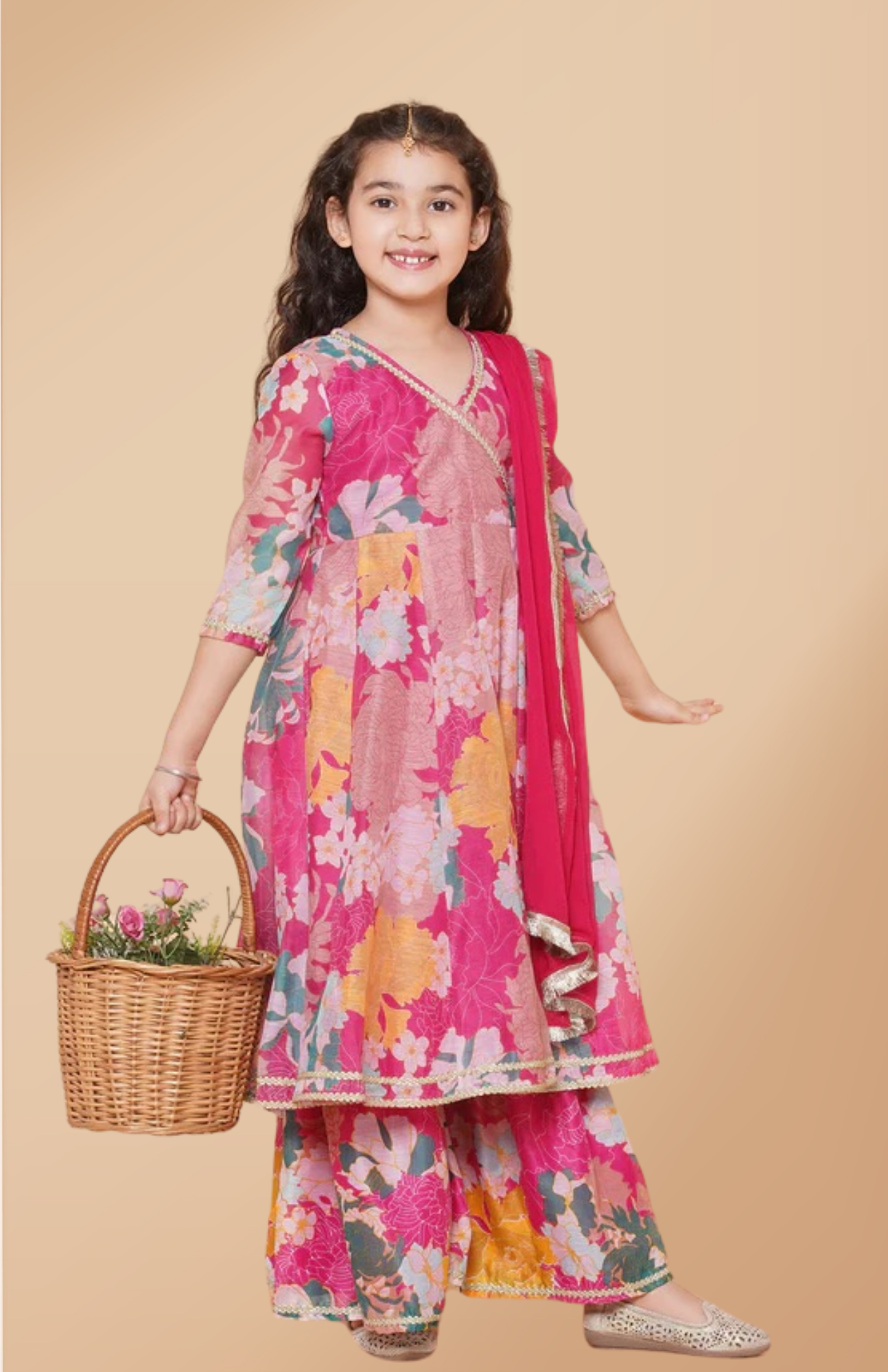 Girls Pink Multi Floral Printed Angrakha Gotta Patti Kurta & Sharara, dupatta Ethnic Traditional Dress