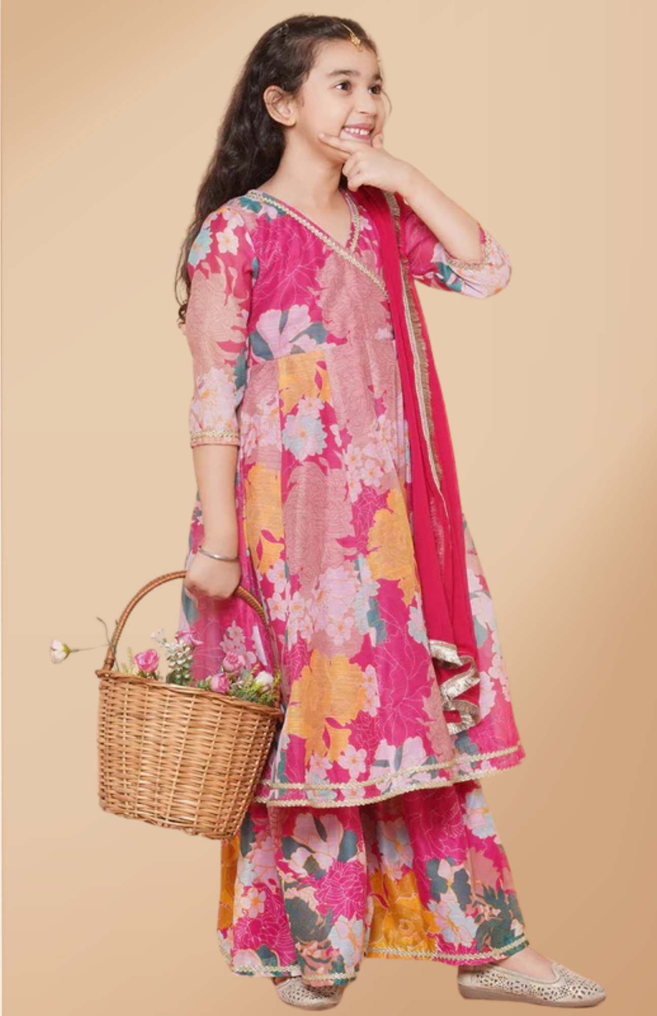 Girls Pink Multi Floral Printed Angrakha Gotta Patti Kurta & Sharara, dupatta Ethnic Traditional Dress