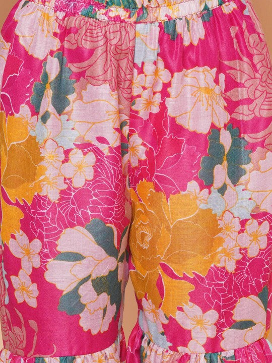 Girls Pink Multi Floral Printed Angrakha Gotta Patti Kurta & Sharara, dupatta Ethnic Traditional Dress