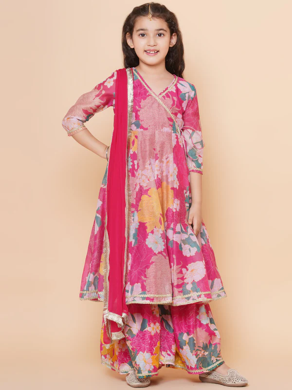 Girls Pink Multi Floral Printed Angrakha Gotta Patti Kurta & Sharara, dupatta Ethnic Traditional Dress