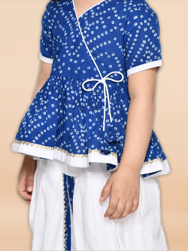 Purple Prunes Girls Bandhani Blue & White Cotton Printed Dhoti Dress