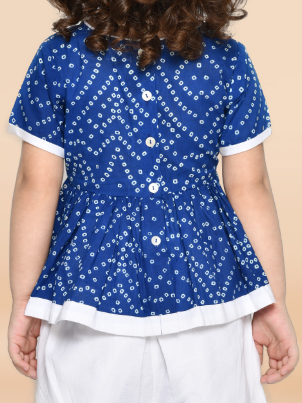 Purple Prunes Girls Bandhani Blue & White Cotton Printed Dhoti Dress