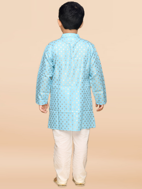 Purple Prunes Boys Blue & Gold Printed Ethnic Kurta With Off White Pajama