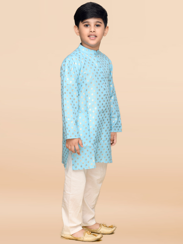 PurplePrunesBoysBlue_GoldPrintedEthnicKurtaWithOffWhitePajamaKids