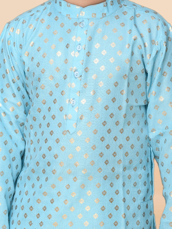 Purple Prunes Boys Blue & Gold Printed Ethnic Kurta With Off White Pajama