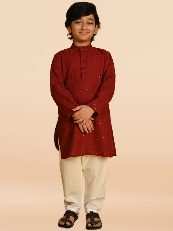 Purple Prunes Boys Maroon Embroidered Kurta With Pajama Ethnic wear