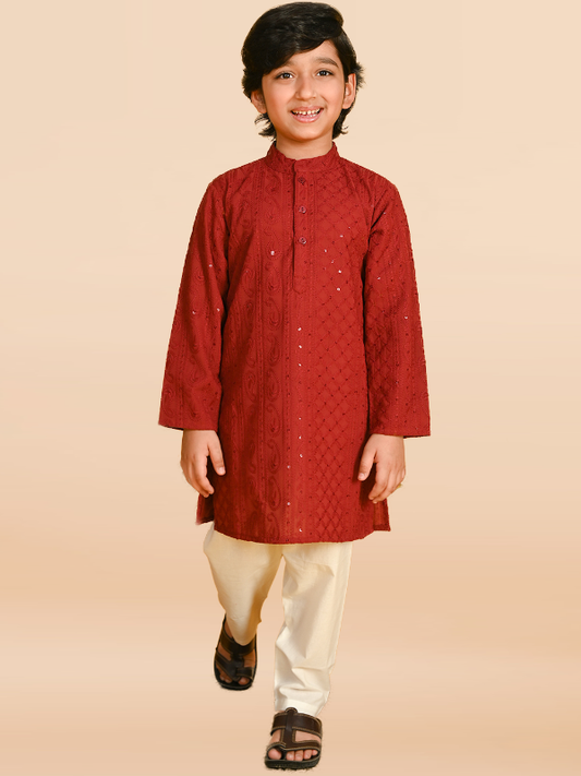 Purple Prunes Boys Maroon Embroidered Kurta With Pajama Ethnic wear