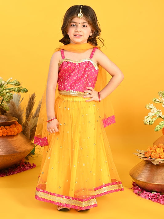 Purple Prunes Girls Orange Lehenga Dress with Sequence Work & Choli In Magenta