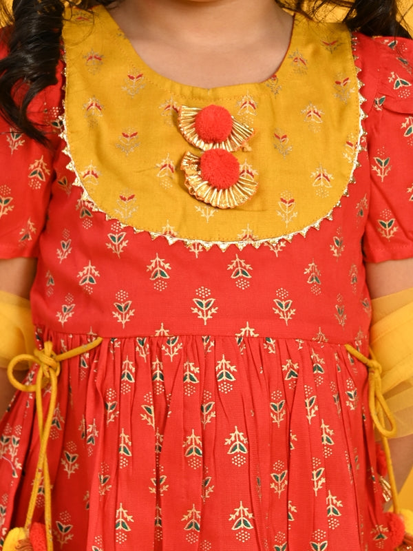 Purple Prunes Girls Red Cotton Top With Mustard Dhoti Dress