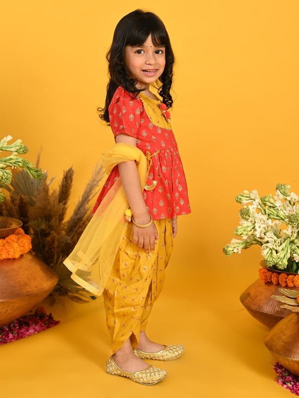 Purple Prunes Girls Red Cotton Top With Mustard Dhoti Dress