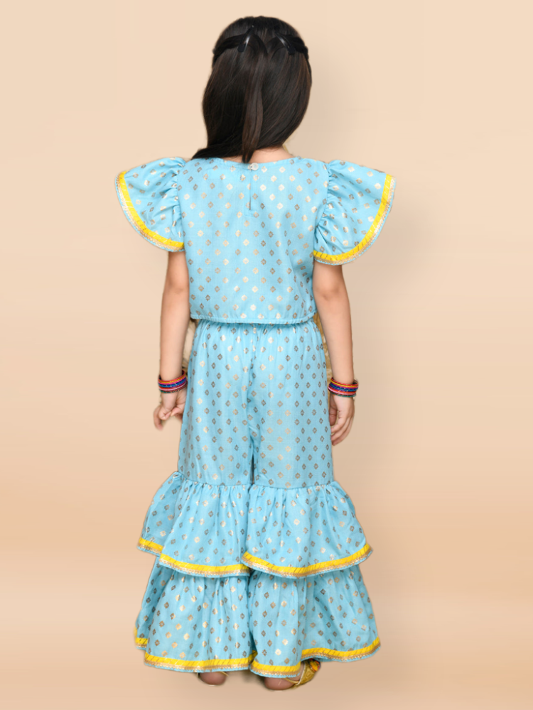 Purple Prunes Girls Sky Blue & Gold Sharara Dress with Yellow Lace Detailing