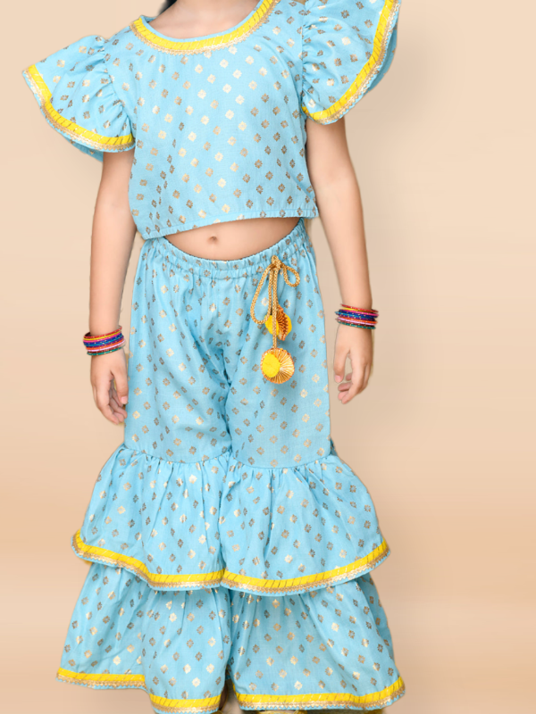 Purple Prunes Girls Sky Blue & Gold Sharara Dress with Yellow Lace Detailing