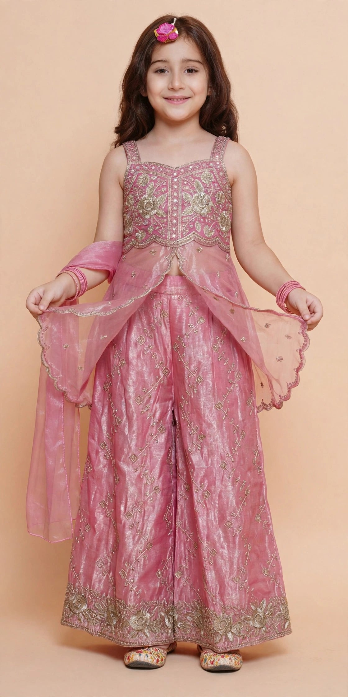 Dusty pink kurti and palazzo set layered with the included three-quarter sleeve inner top