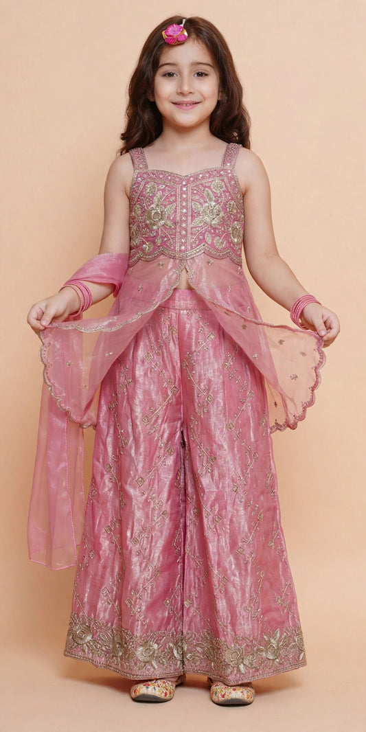 Dusty pink kurti and palazzo set layered with the included three-quarter sleeve inner top