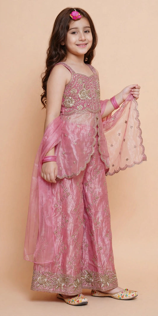 Front view of girls dusty pink gold embroidered kurti and palazzo set