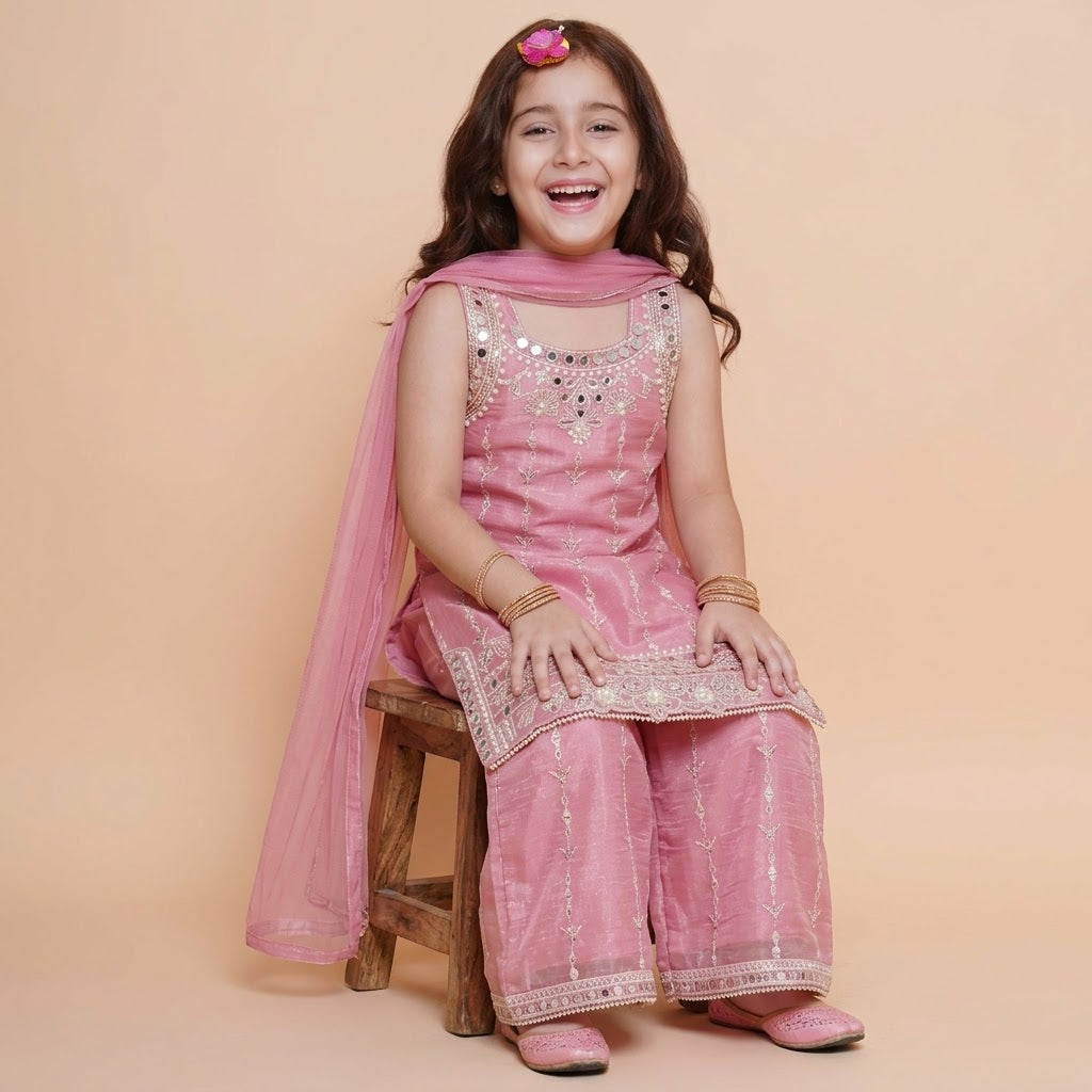 Seated view of girls pink mirror work kurta palazzo set showing embroidered neckline and hem borders